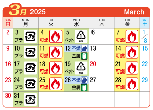 2025年3月神山連区ごみ・資源収集日カレンダー