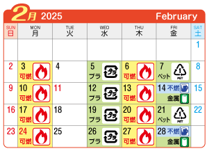 2025年2月西成連区ごみ・資源収集日カレンダー