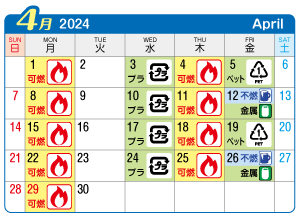 2024年4月西成連区ごみ・資源収集日カレンダー