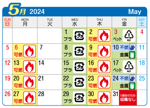2024年5月西成連区ごみ・資源収集日カレンダー