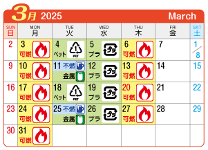 2025年3月丹陽町連区ごみ・資源収集日カレンダー