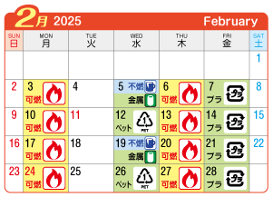 2025年2月浅井町連区ごみ・資源収集日カレンダー