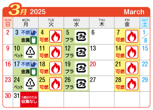 2025年3月北方町連区ごみ・資源収集日カレンダー