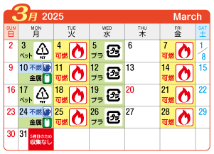 2025年3月大和町連区ごみ・資源収集日カレンダー