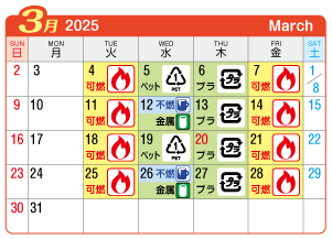2025年3月奥町連区ごみ・資源収集日カレンダー