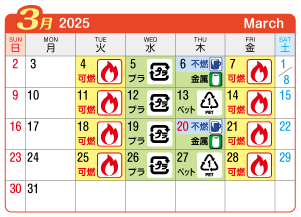 2025年3月萩原町連区ごみ・資源収集日カレンダー