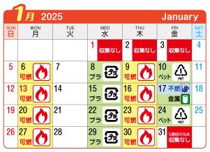 2025年1月向山連区ごみ・資源収集日カレンダー