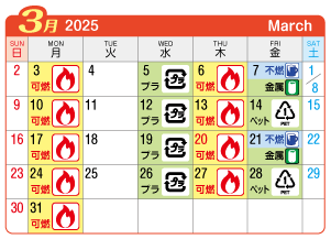 2025年3月富士連区ごみ・資源収集日カレンダー