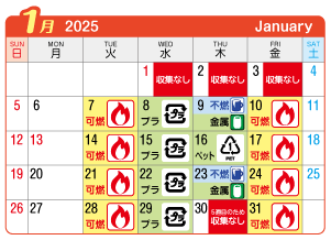 2025年1月起連区ごみ・資源収集日カレンダー