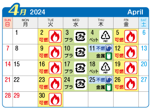 2024年4月三条連区ごみ・資源収集日カレンダー