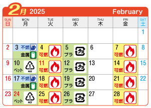 2025年2月北方町連区ごみ・資源収集日カレンダー