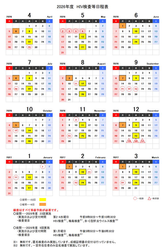 2026年度特定感染症等検査日程表