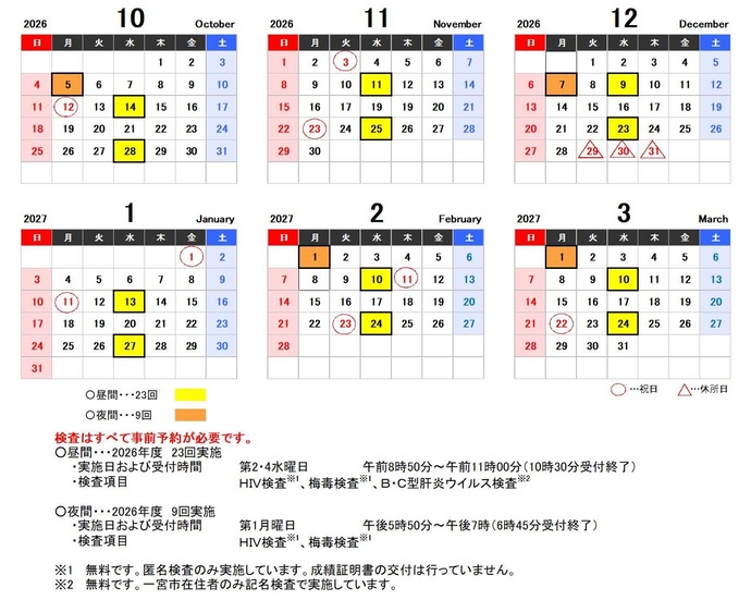 2026年度特定感染症等検査日程表