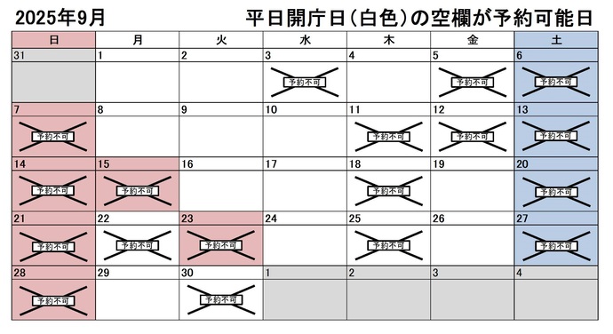 2025年9月の平日のうち、予約申込不可能な日付は3日、5日、11日、12日、18日、22日、25日、30日です。下記の「イ」に該当する団体様が対象です。