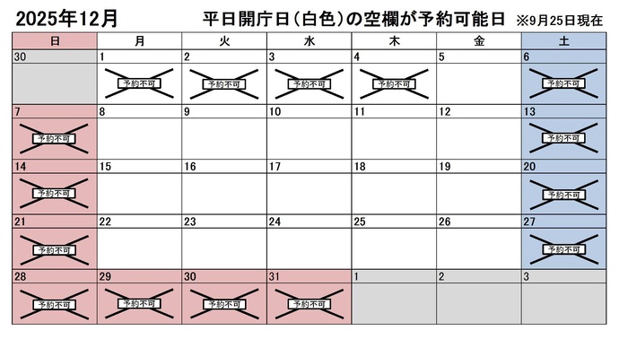 2025年12月の平日のうち、予約申込不可能な日付は1日、2日、3日、4日です。なお、年末は29日以降利用できません。下記の「イ」に該当する団体様が対象です。