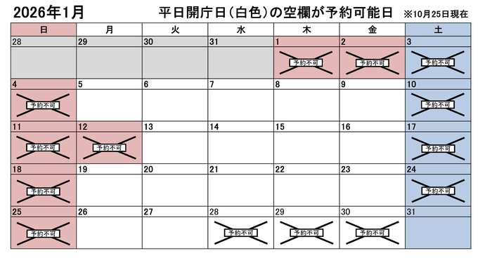 2026年1月の平日のうち、予約申込不可能な日付は28日、29日、30日です。なお、年始は3日まで利用できません。下記の「イ」に該当する団体様が対象です。