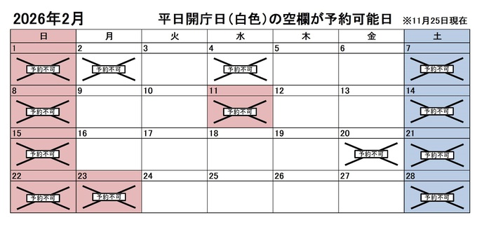 2026年2月の平日のうち、予約申込不可能な日付は2日、4日、20日です。下記の「イ」に該当する団体様が対象です。