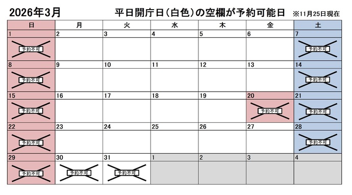 2026年3月の平日のうち、予約申込不可能な日付は30日、31日です。下記の「ア」に該当する団体様が対象です。