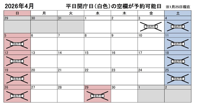 2026年4月の平日のうち、予約申込不可能な日付は3日です。下記の「イ」に該当する団体様が対象です。