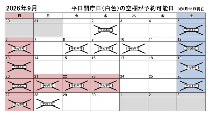 2026年9月の平日のうち、予約申込不可能な日付は2日、8日、9日、10日、28日です。下記の「イ」に該当する団体様が対象です。