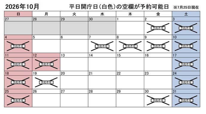 2026年10月の平日のうち、予約申込不可能な日は2日、7日、8日、9日、19日、30日です。下記の「イ」に該当する団体様が対象です。