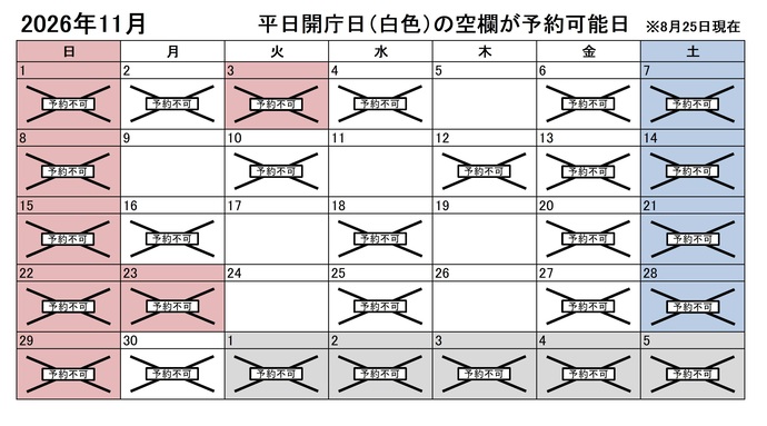 2026年11月の平日のうち、予約申込不可能な日は2日、4日、6日、10日、12日、13日、16日、18日、20日、25日、27日、30日です。下記の「イ」に該当する団体様が対象です。