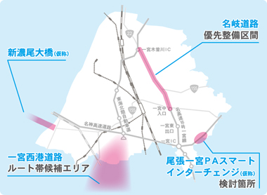 一宮市全域の地図に、名岐道路・新濃尾大橋（仮称）・尾張一宮PAスマートインターチェンジ・一宮西港道路の検討箇所などをプロットした画像