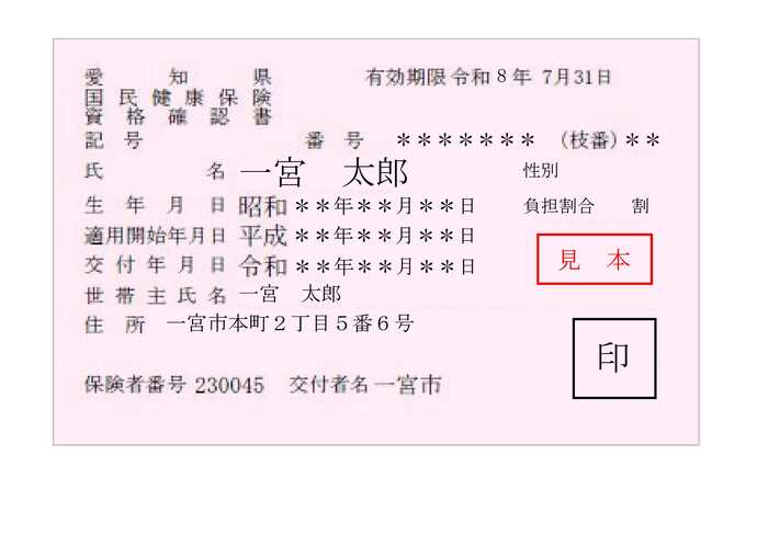 国民健康保険資格確認書の見本の写真