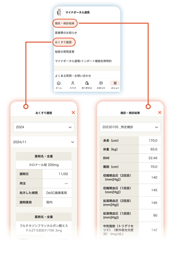 kencomとマイナポータルを連携したときのイメージ画像：おくすり履歴や健診結果をkencom内で確認できる