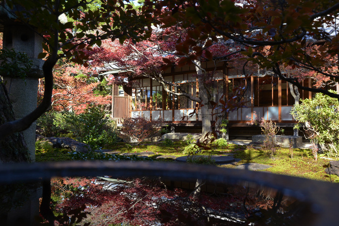 写真：水面に映るモミジと旧林家住宅