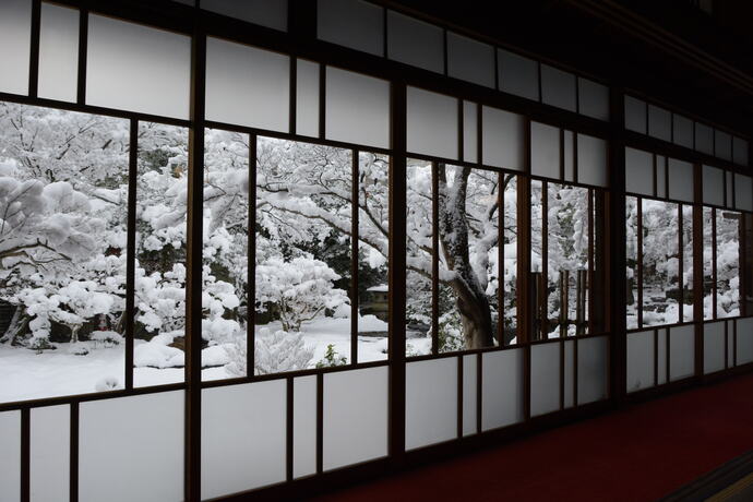 写真：旧林家住宅内から見た、雪の積もった庭園