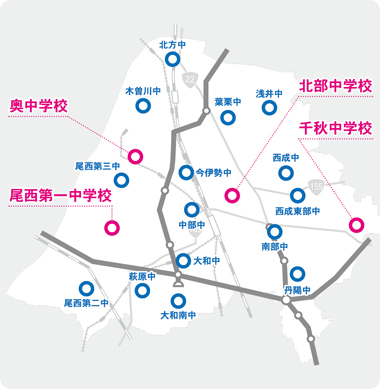 市内の市立中学校の位置図