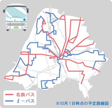 一宮市内の名鉄バスとi-バスの路線図の概略